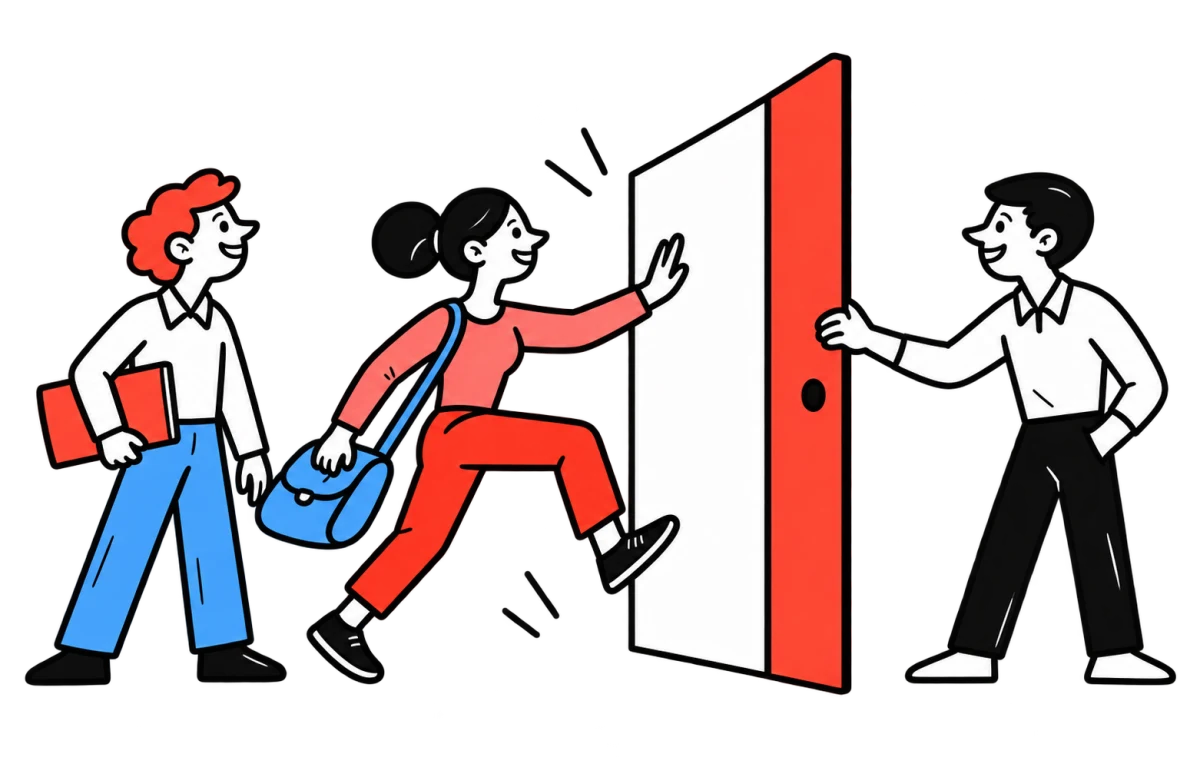 Colleagues walk up to a big open door; one steps through while another holds it open and welcomes them