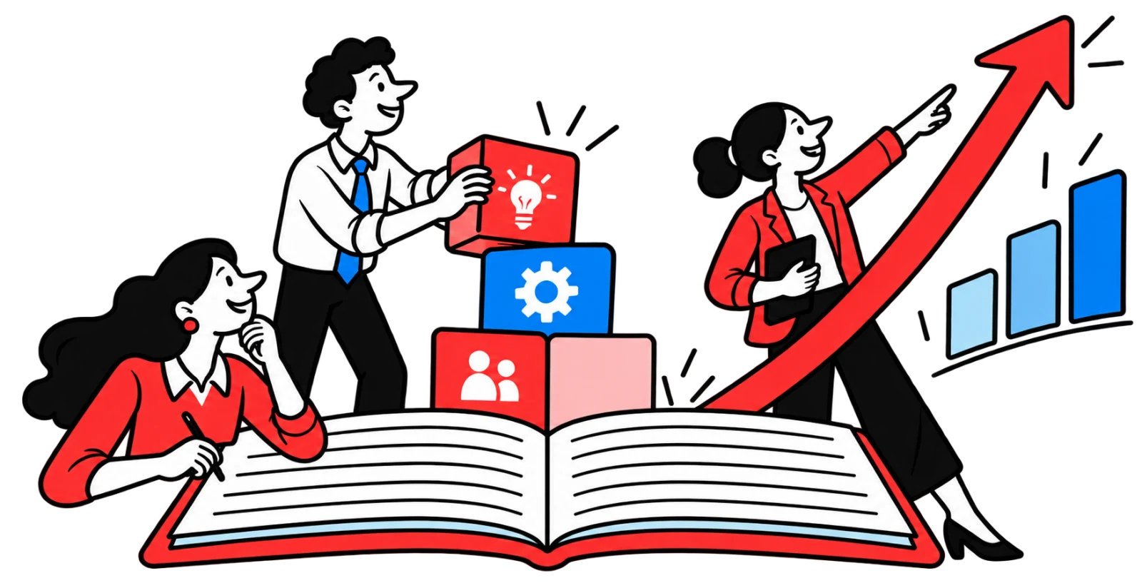 Colleagues stack idea, process and team blocks on an open book while one points up a rising arrow