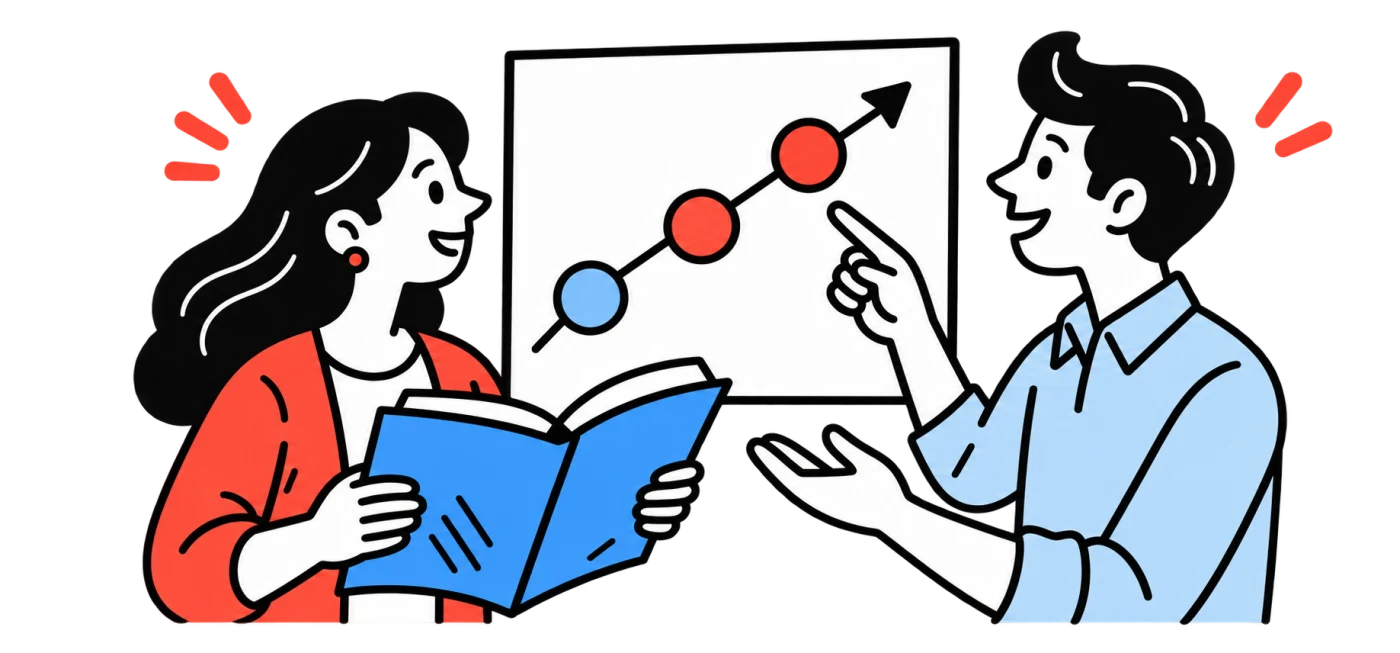 Two colleagues discuss a chart rising to the top, one holding a book