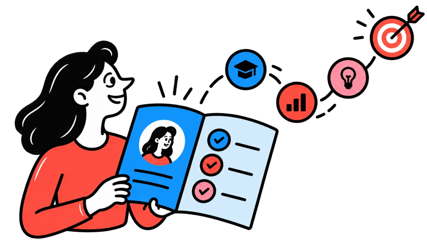 A person holds a skill passport with checked skills, a path of milestones leading to a target